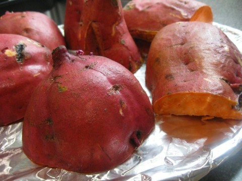 sweet potatoes on foil