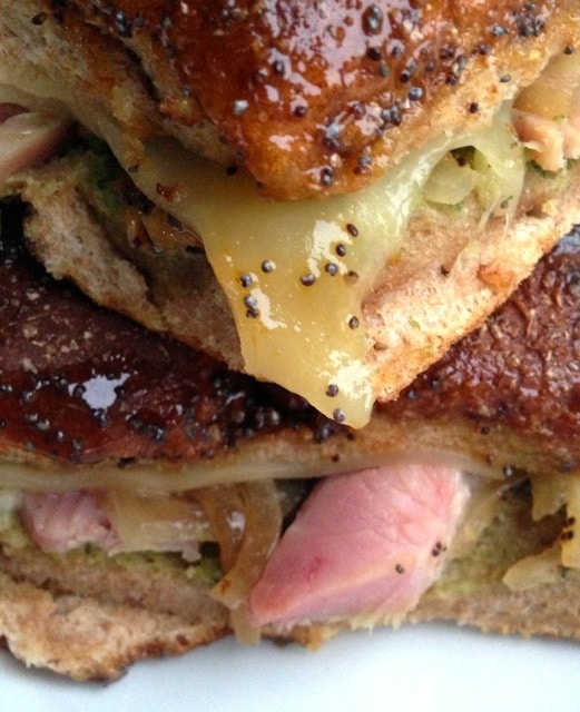 ham-pesto-onion-cheese-poppyseed-sliders