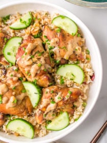 serving of coconut milk chicken thighs with cucumber