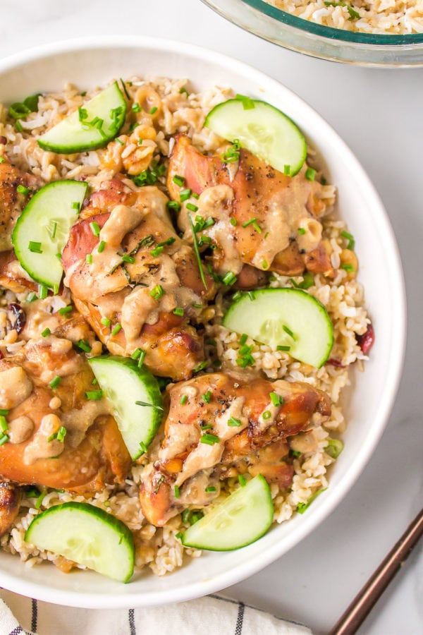 serving of coconut milk chicken thighs with cucumber