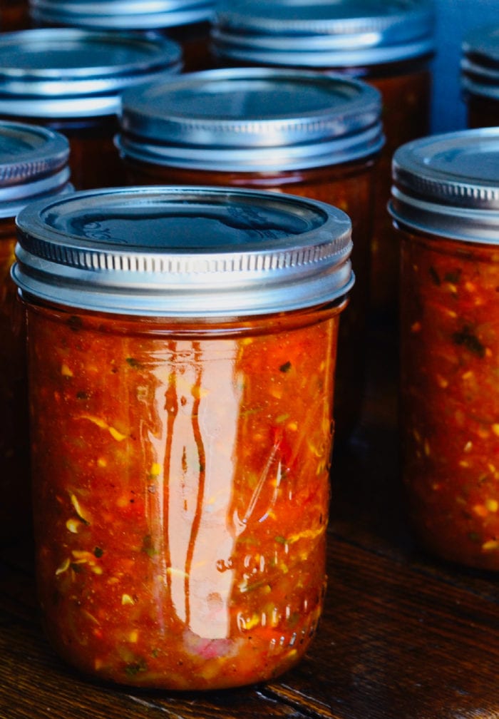 pint jar of Sweet Smokey Zucchini Salsa Recipe