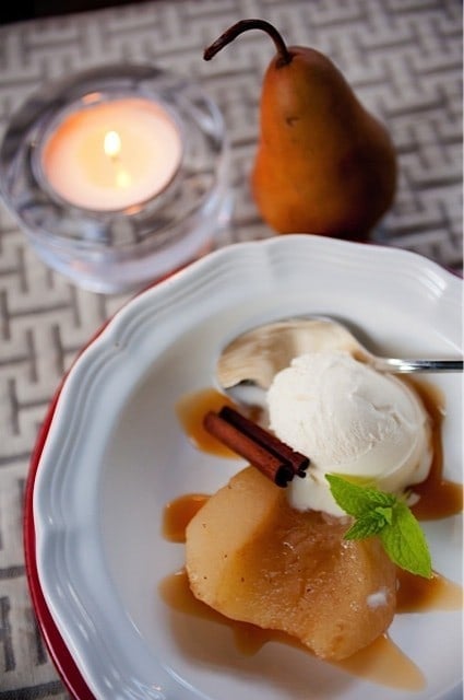 plate of poached pears ice cream