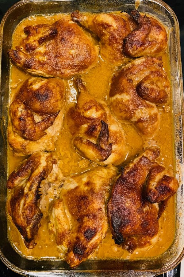 pan of baked Marinated Cornish Game Hens