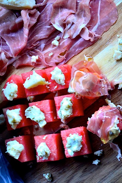 Watermelon, Blue Cheese & Proscuitto Wrap Drizzled with Honey