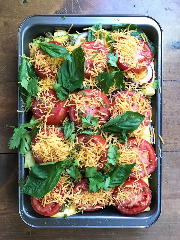 9x13 pan Summer Squash Casserole with fresh basil