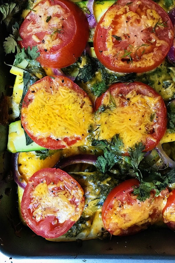 melted cheese on tomatoes on Summer Squash Casserole