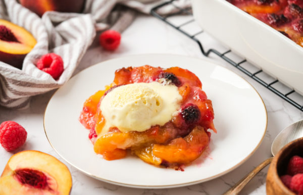 Peach Raspberry Cobbler with ice cream