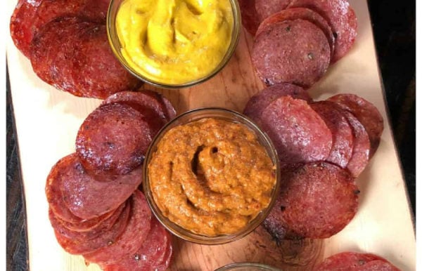 baked salami chips with mustard