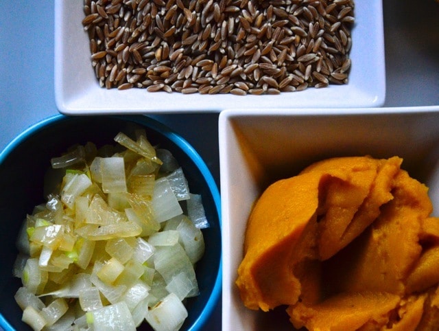 Cheesy Pumpkin Farro with Marcona Almonds