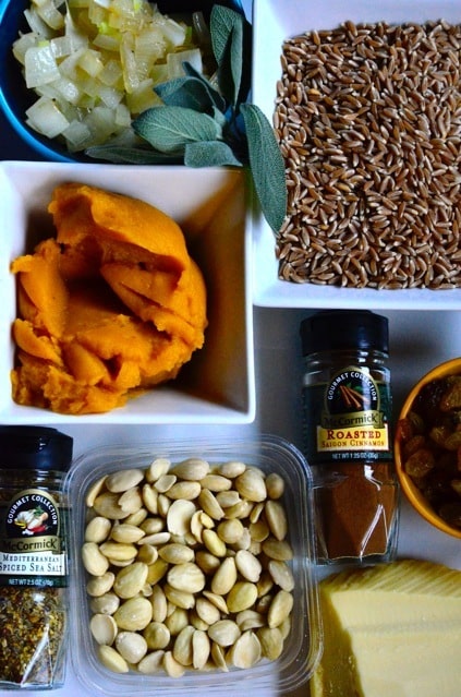 Cheesy Pumpkin Farro with Marcona Almonds