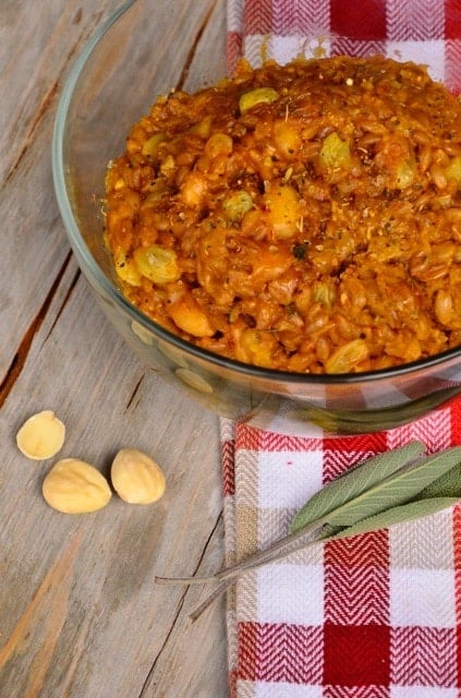 Cheesy Pumpkin Farro with Marcona Almonds