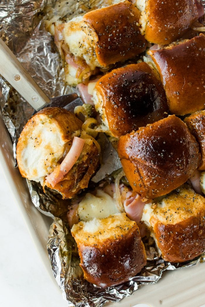 EASY Ham Pesto Onion Cheese Poppyseed Sliders