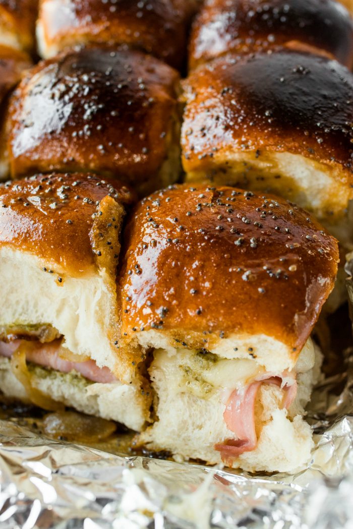 LEFTOVER Ham Pesto Onion Cheese Poppyseed Sliders