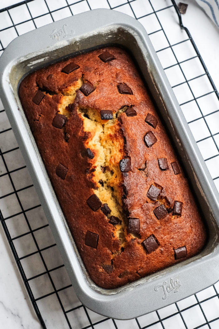 Chocolate Chunk Banana Bread in baking pan