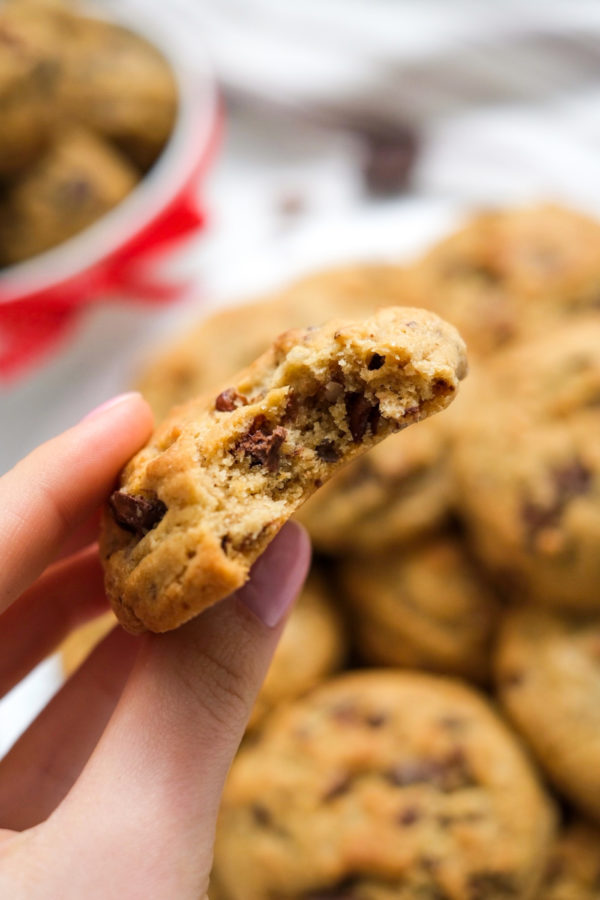 a bite of chocolate chip cookie