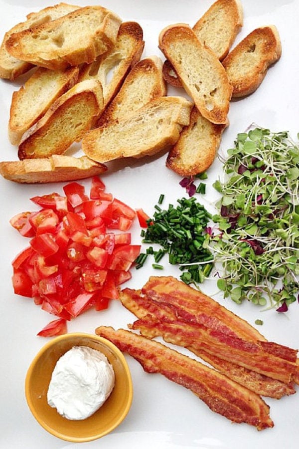 bacon, tomatoes, goat cheese, toasts, micro greens