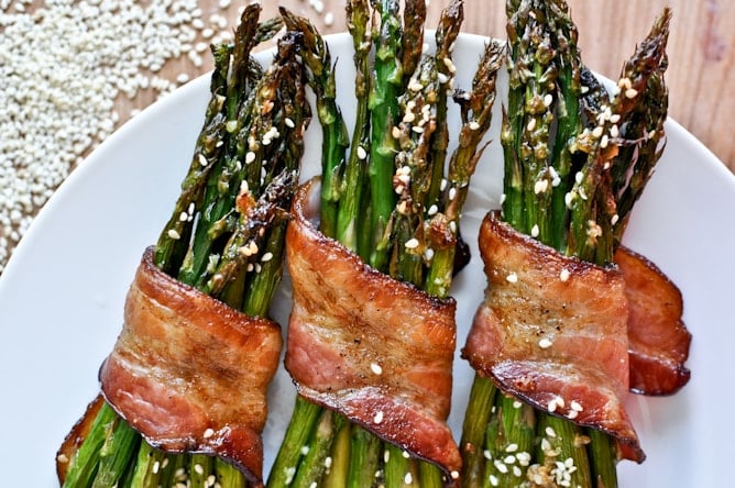 Bacon Wrapped Caramelized Sesame Asparagus from How Sweet it is