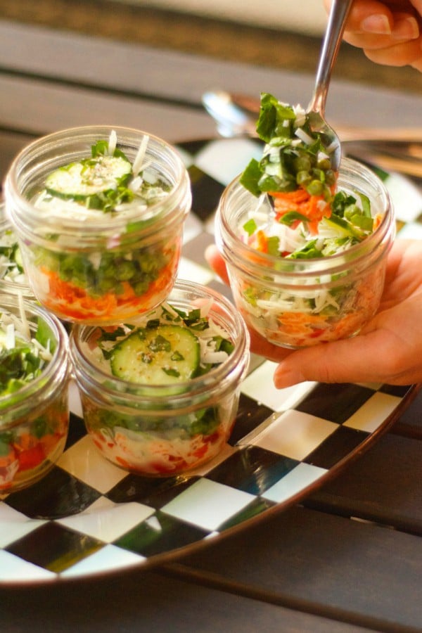 Individual Pea Layered Salad in a Jar