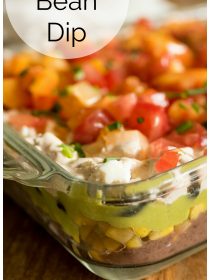 glass pan with 7 layer bean dip