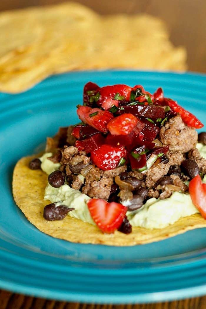 Beef Bean Tostadas with Strawberry Beet Salsa - Reluctant Entertainer