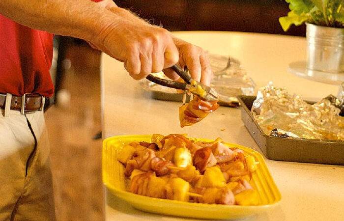 making Canadian Bacon and Pineapple Kabobs