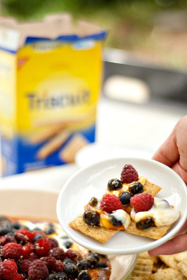 sunset style salted caramel yogurt dip with mixed berries