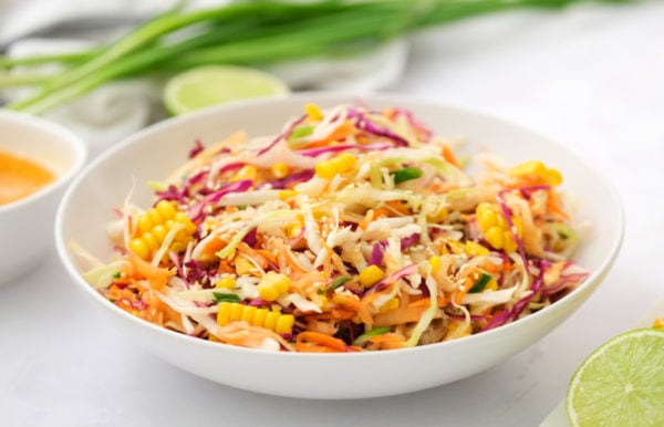 white bowl of Sweet Asian Slaw with Apple and Corn