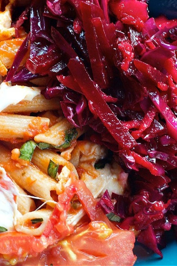 Red Cabbage Beet Slaw with pasta dinner