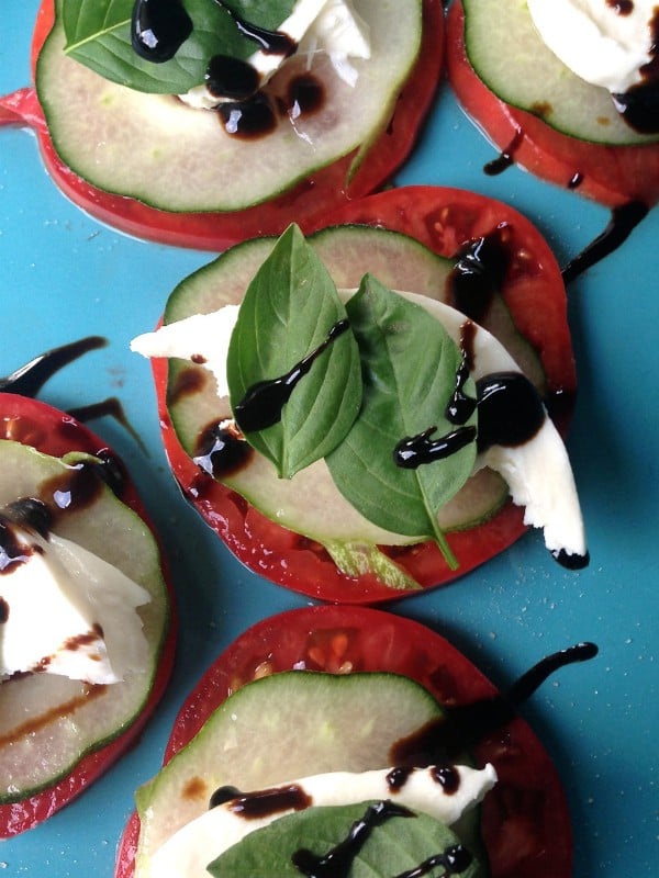 Caprese Bites with Cucumber. “Courage is being scared to death, but saddling up anyway.”  ― John Wayne ... ReluctantEntertainer.com