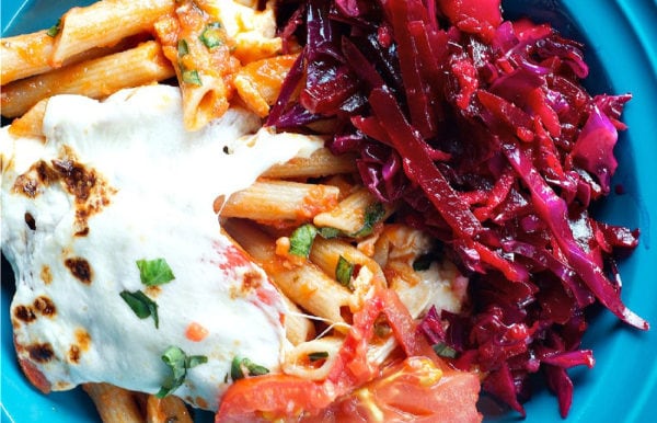 pasta with cheese and Red Cabbage Beet Slaw