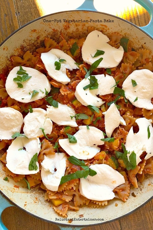 So easy for a QUICK dinner: One-Pot Vegetarian Pasta Bake at Reluctant Entertainer.com
