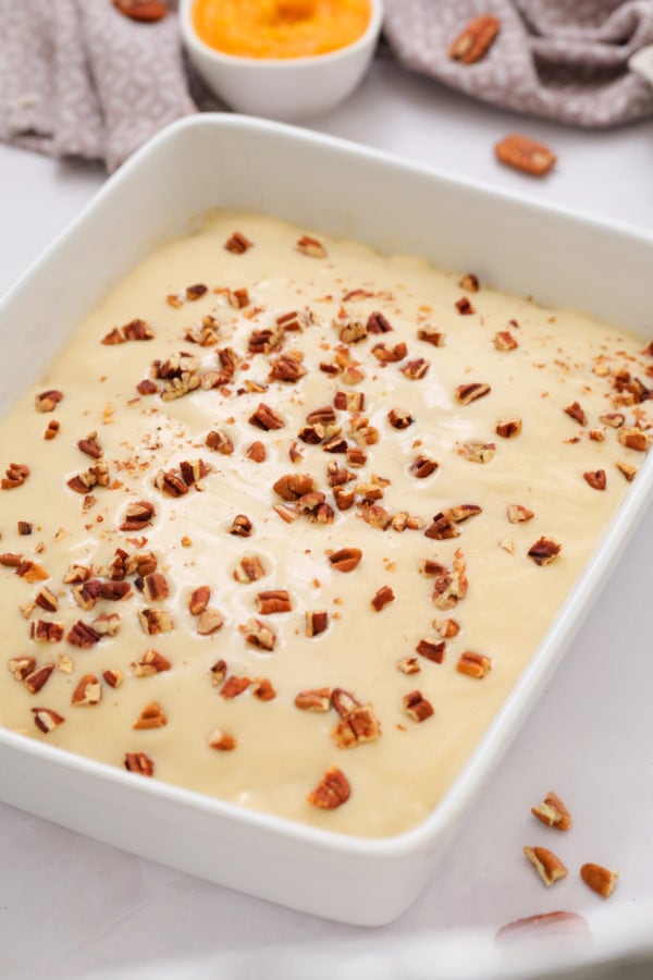 pecans on pumpkin cake batter