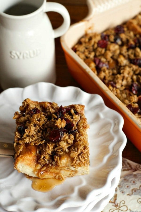 challah french toast breakfast casserole served on a white plate