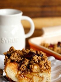 square piece of challah french toast with cranberries