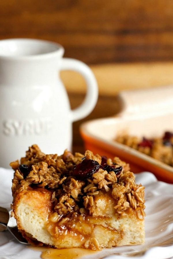 square piece of challah french toast with cranberries