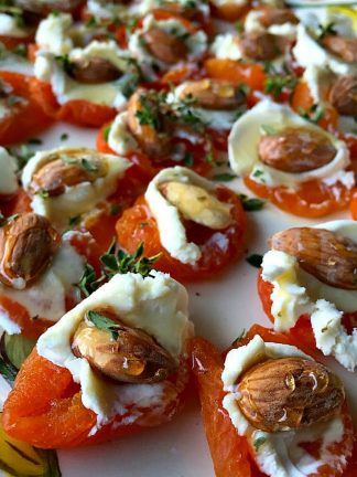 goat cheese and almond on dried apricot, drizzled with honey