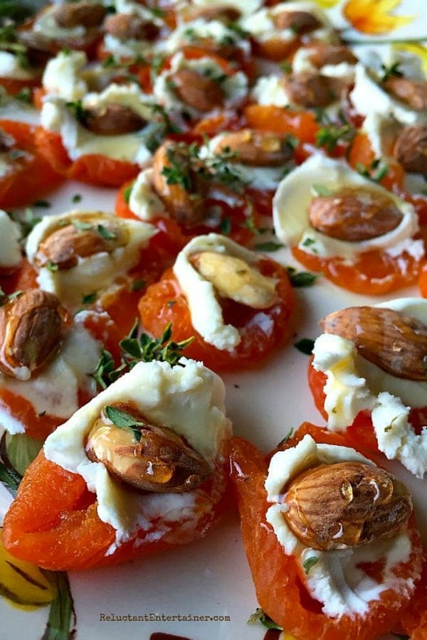 goat cheese and almond on dried apricot, drizzled with honey