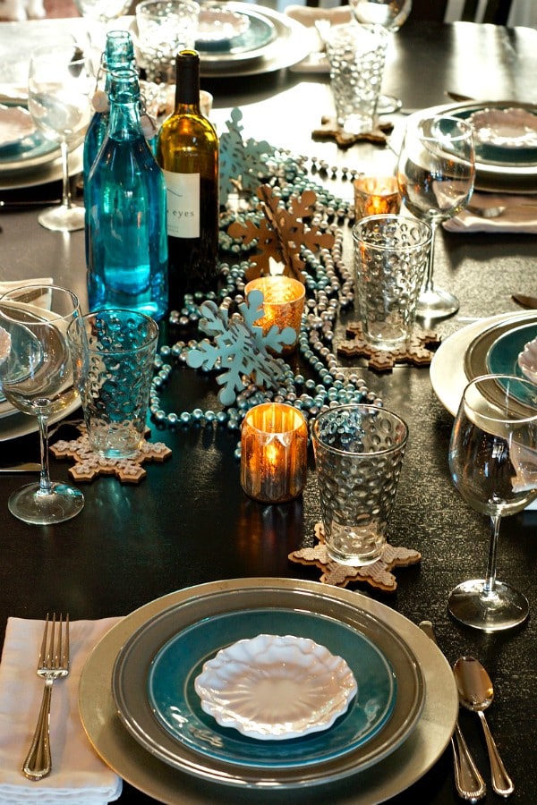 Holiday Dinner Party Menu with Snowflake Table Setting