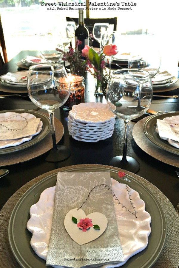 Sweet Whimsical Valentine's Table with Baked Bananas Foster a la Mode Dessert