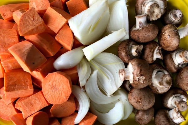 raw sweet potatoes, onions, mushrooms