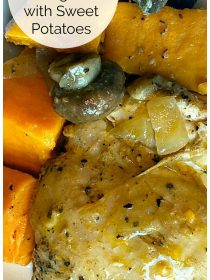 cooked chicken thigh with small mushrooms and chunks of sweet potato
