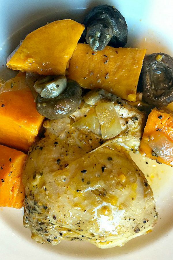 one pot meal of chicken thighs, sweet potatoes, and mushrooms