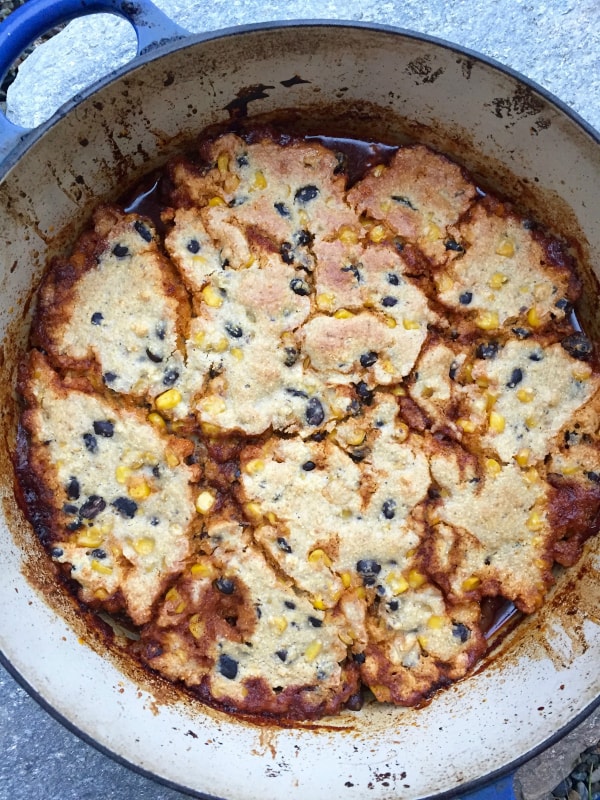 one-pot pulled pork with black bean cornbread topping