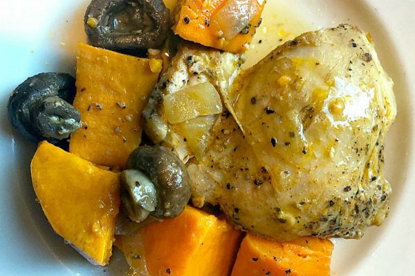 flavorful chicken thigh with sweet potatoes and mushrooms