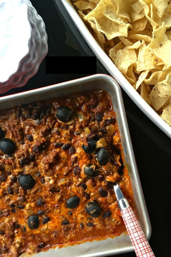 pan of cheesy enchilada dip