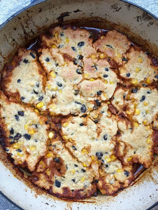 pot of Pulled Pork with Black Bean Cornbread Topping