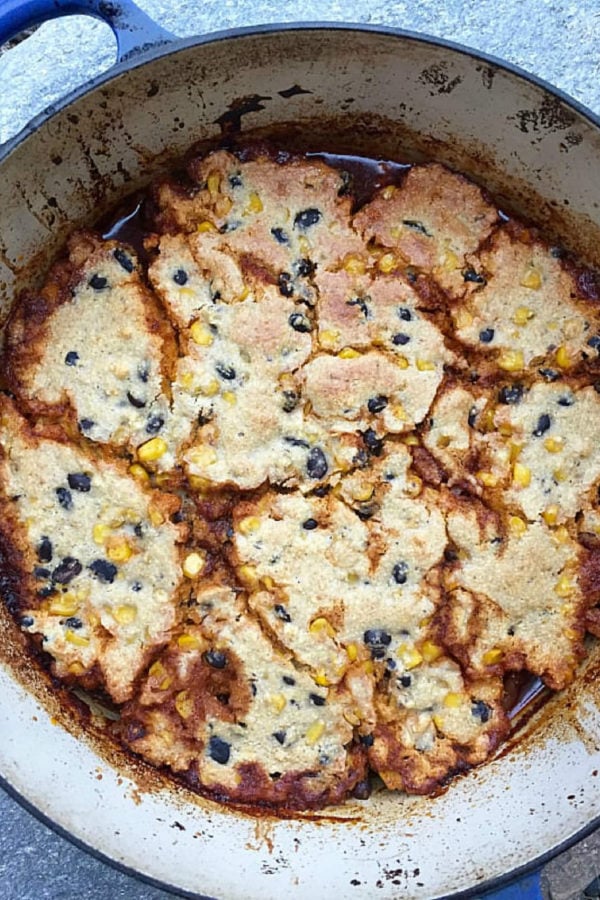 pot of Pulled Pork with Black Bean Cornbread Topping