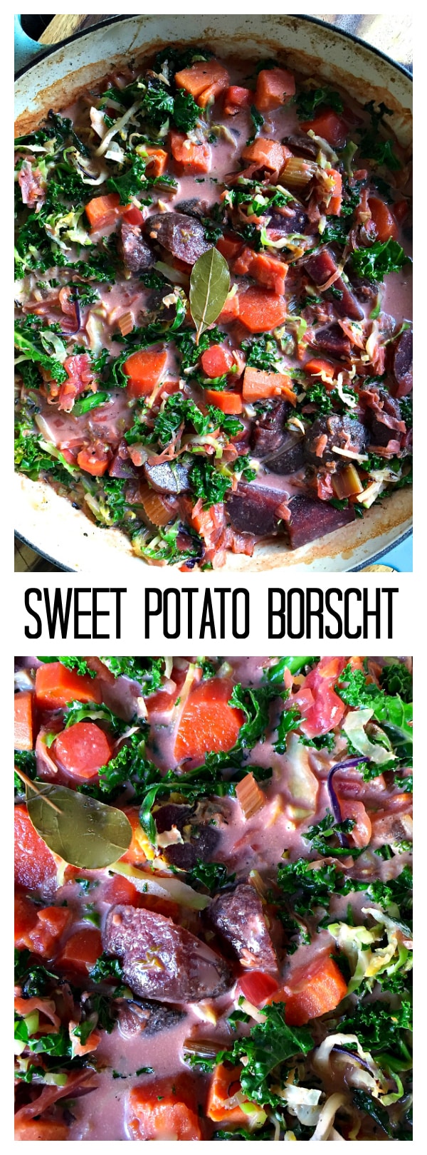 The deep flavor of root vegetables in this Sweet Potato Borscht, along with fresh dill, leaves the soup rustic and chunky, with a sweet, creamy broth, unclouded by starch that might be released by using white potatoes.