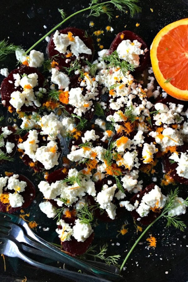 a beet appetizer with cheese and citrus