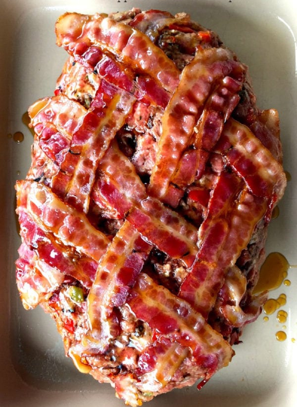 oval shaped bacon wrapped beef meat loaf